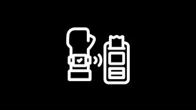 A white line icon depicting a smartwatch with a checkmark and a payment terminal with waves indicating wireless communication - Powered by Shutterstock - Get 15% off with code: PIKWIZARD15