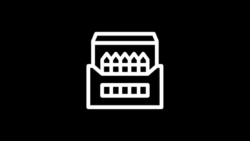 A minimalist line art illustration depicting an open box filled with crayons, presented against a solid black backdrop