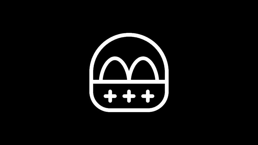A minimalist graphic design featuring an Easter basket with two eggs and three plus signs, set against a solid black background