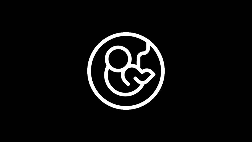 This minimalist white line art icon depicts a developing fetus within a circular boundary, accompanied by a heart, conveying themes of life, care, and new beginnings