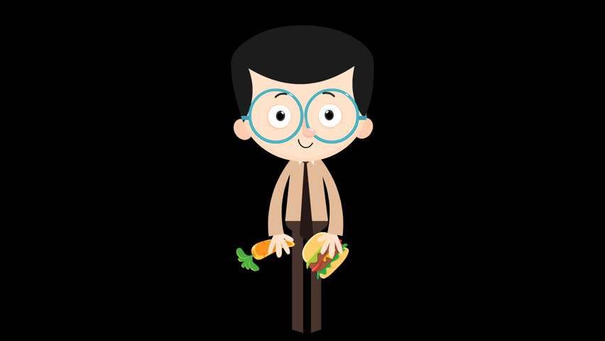 Cartoon Man Weight Gain and Loss Transformation Eating Burger and Carrot Loop Animation , Quicktime png with Alpha Channel 24 fps