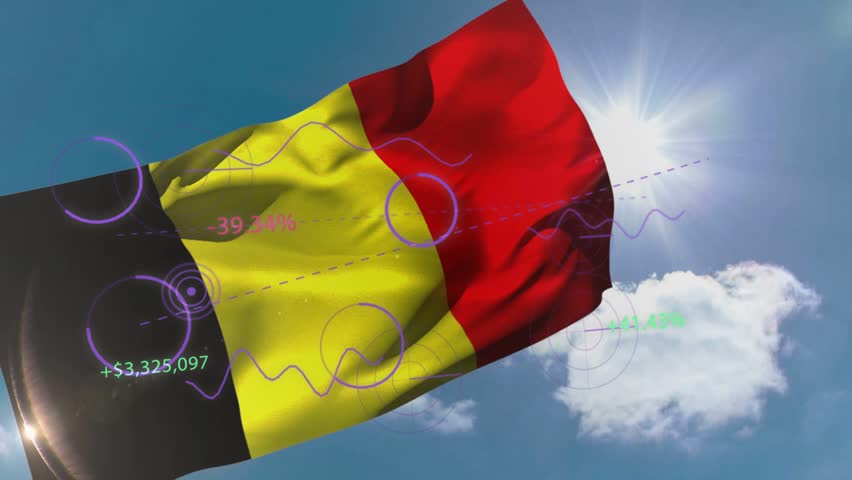 Vertical black-yellow-red flag rippling from gust of wind, HUD overlaying $592.23 market metrics. Ensign, tricolor, billowing, sunflare, bluesky, infographic, dynamic