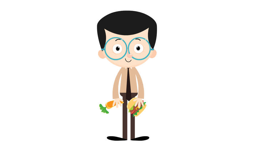 Cartoon Man Weight Gain and Loss Transformation Eating Burger and Carrot Loop Animation , Quicktime png NO Alpha white background 24 fps