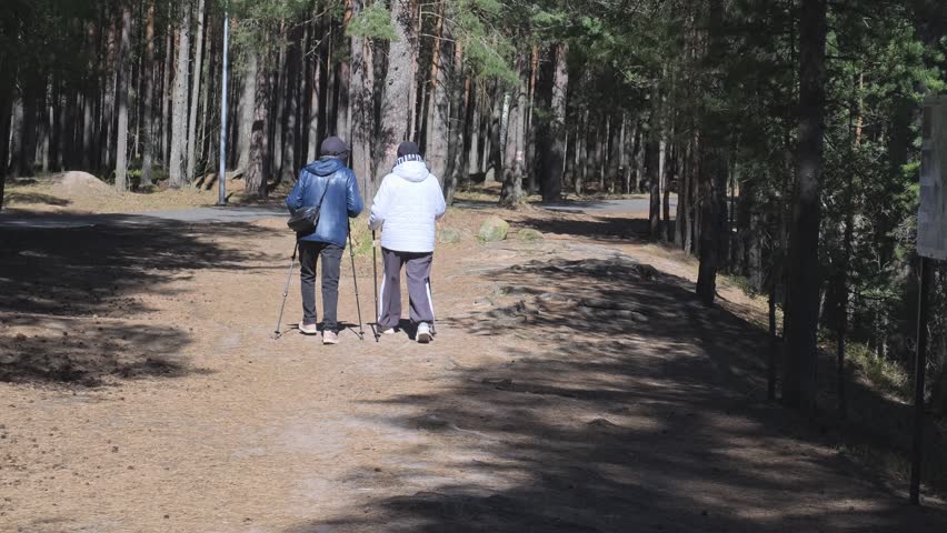 Two people walking together on a trail in the woods during the day in spring