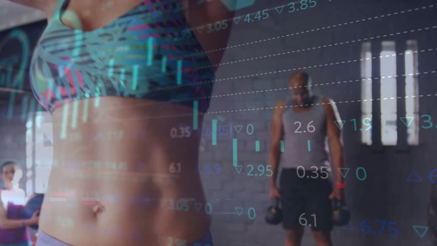 Female lifter gripping bar and initiating upright-row, overlaying fitness charts tracking strength. Athlete, weights, gym, workout, focus, dynamic, industrial