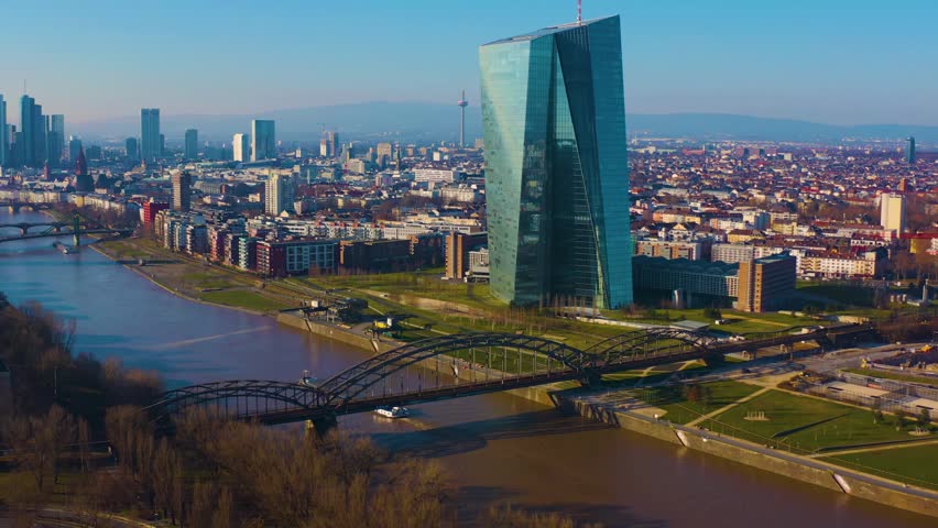 Aerial view around the downtown of the city Frankfurt am Main in Germany , on a sunny autumn afternoon. Beside the main  river