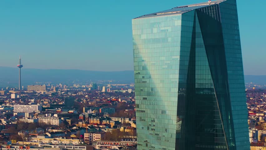 Aerial view around the downtown of the city Frankfurt am Main in Germany , on a sunny autumn afternoon. Beside the main  river