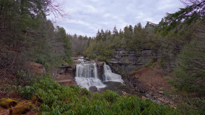 Cinematic wide shot of Blackwater Falls, West Virginia. Powerful water cascades into a basin surrounded by evergreens and rhododendrons on a cloudy winter day in the Allegheny Mountains.
