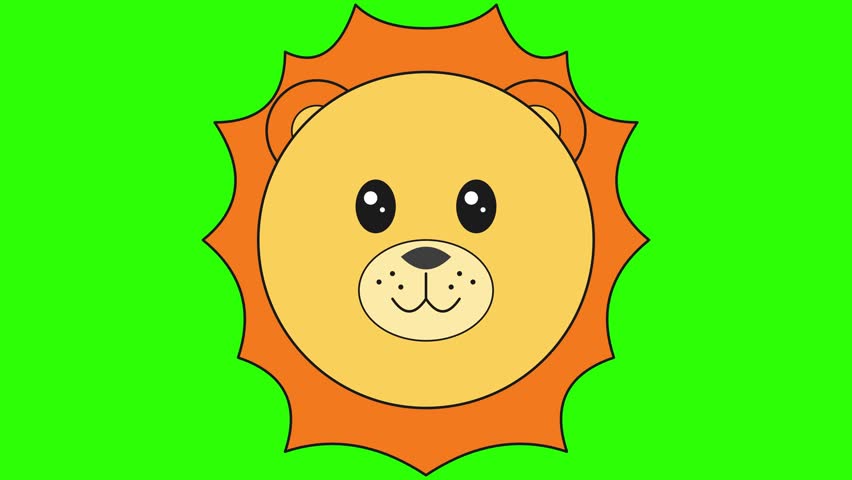 A flat 2D illustration of a friendly cartoon lion head with a bright orange mane and big eyes isolated on a chroma key green background for easy video compositing