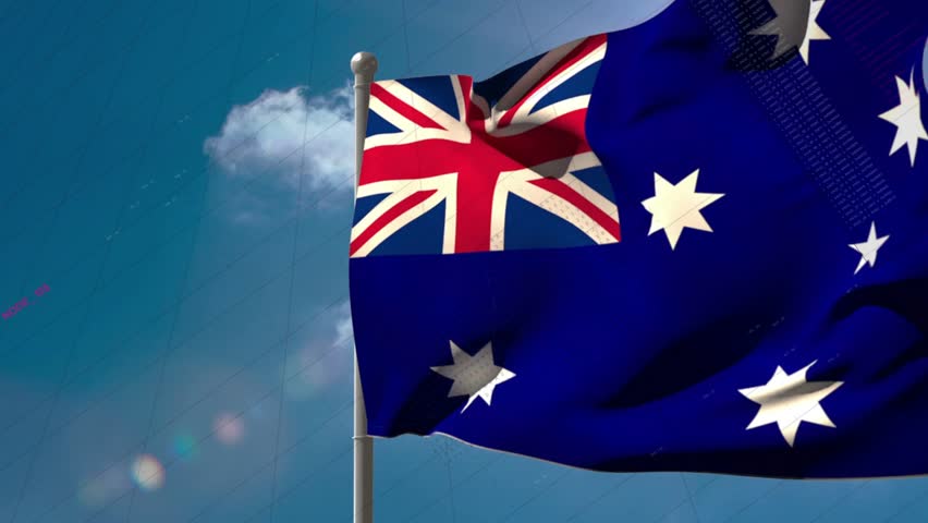 Gusts of wind sending national flag fluttering, folding and unfurling, charts visualizing trends. Unionjack, banner, ensign, billow, sunflare, sky, clouds