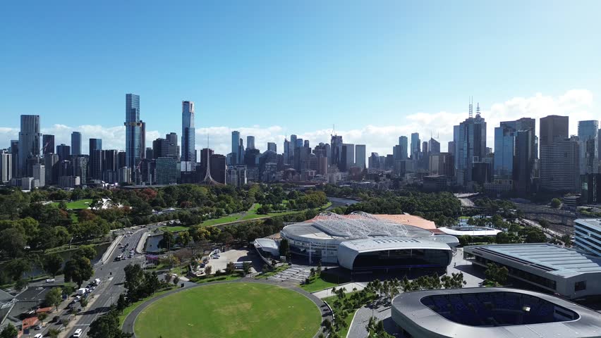 Melbourne, Victoria, Australia – 17th April 2026: Aerial view of city skyline, Yarra River and sports precinct with stadiums and parklands