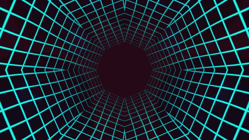 Abstract neon grid tunnel with symmetrical geometric lines, glowing purple and red tones, futuristic motion background, digital depth and perspective effect.
