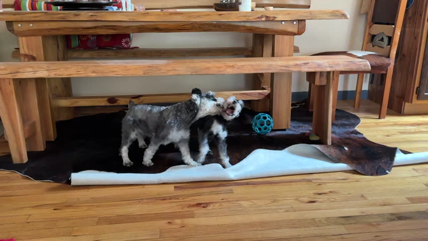 Two schnauzers playing hard on cow hide rug