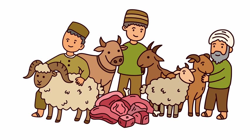 Muslim men standing with cows and sheep before the feast