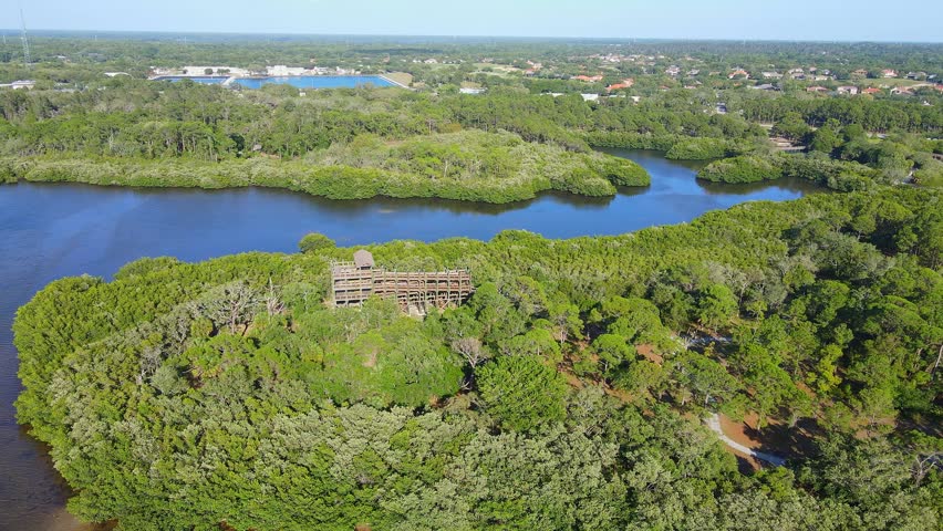 Palm Harbor, Florida, USA Wall Spring Park observation tower standing among lush trees beside a winding bayou