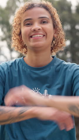 Summer camp, crossed arms and face of woman in nature with confidence, pride and volunteering. Woods, happy and portrait of counselor smile for outdoor program, facility and holiday club in forest