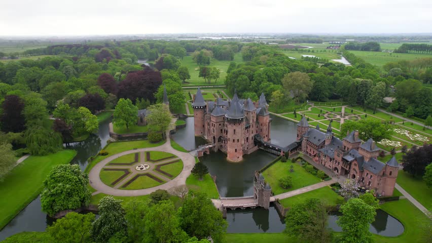 Aerial view orbiting the majestic De Haar castle surrounded by a moat, lush gardens, and parkland  in the Netherlands.