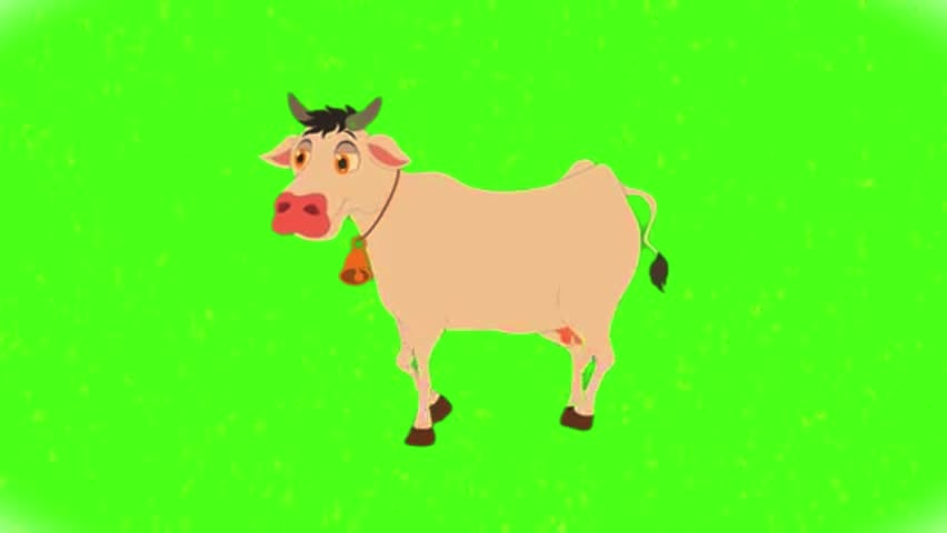 A charming cartoon cow stands gracefully against a vivid green background, its light beige coat highlighted by simple yet expressive detailing. Small horns crown its head, while a classic bell hangs neatly from its neck, adding a touch of traditional character. The cow’s neutral expression conveys calmness and innocence, making it approachable and visually appealing. The bright backdrop enhances the clarity of the illustration, ensuring the figure stands out with strong contrast. This composition blends playful artistry with professional polish, ideal for animation, branding, or portfolio presentation, capturing both simplicity and creativity in a visually engaging manner.