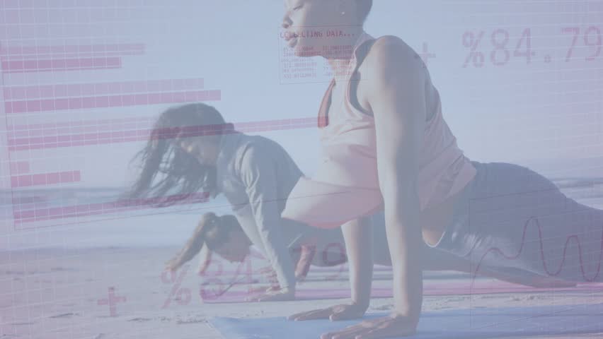 Two women doing backbend on beach, magenta globe appearing and driving data overlay showing health. Yoga, wellness, balance, outdoors, shoreline, pair, binary