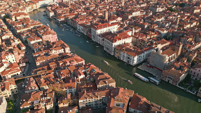 Venezia aerial view. Venice Grand Canal and San Marco Square from drone. Venezia Italy cityscape. Venice city. Venice skyline panorama. Venice along canals with gondola.
