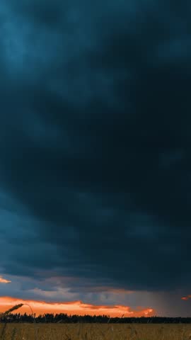 Rain Clouds Above Countryside Wheat Field Under Scenic Summer Blue Dramatic Sky With White Fluffy Clouds. Rain Clouds On Sunny Day. Agricultural And Weather Concept. Time Lapse, Timelapse,