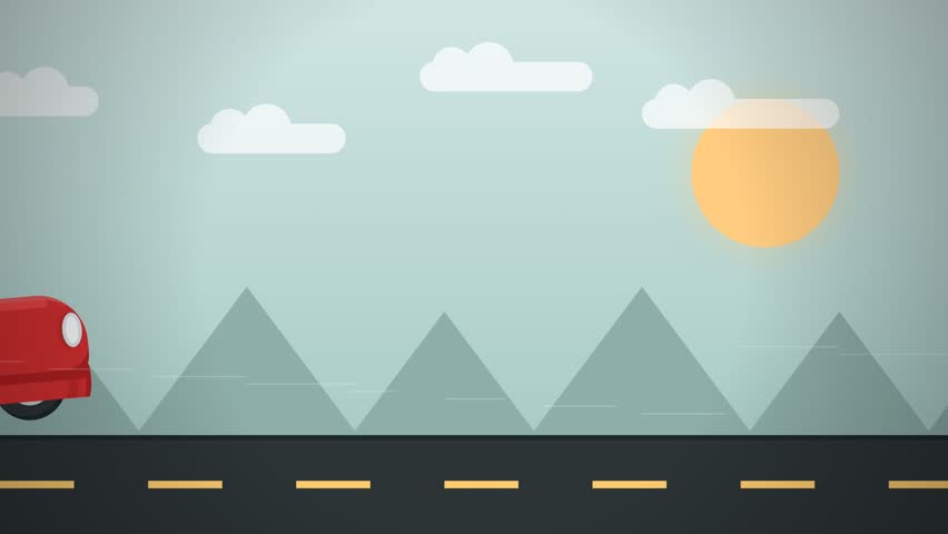 Flat Design Animation of Red Vintage Pickup Truck Driving on Highway with Mountain Landscape Background at Sunset
