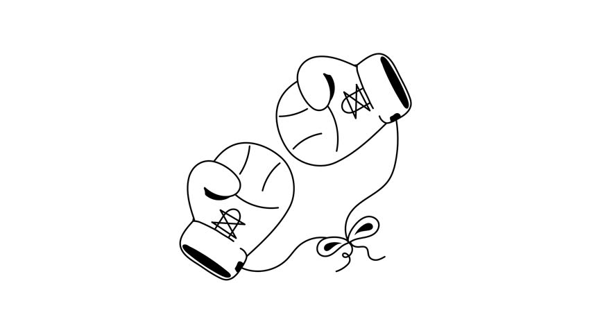 A stylized, black and white line drawing of two boxing gloves in a dynamic, almost confrontational pose
