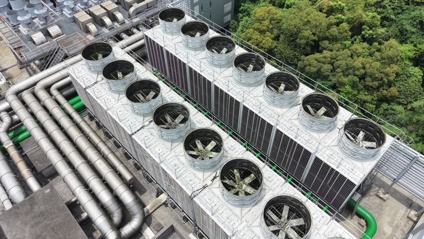 Industrial cooling towers on AI data center roof.