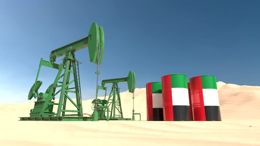 Industrial oil pump jacks with United Arab Emirates barrels in arid desert environment, Petroleum industry and energy production. 3D Render