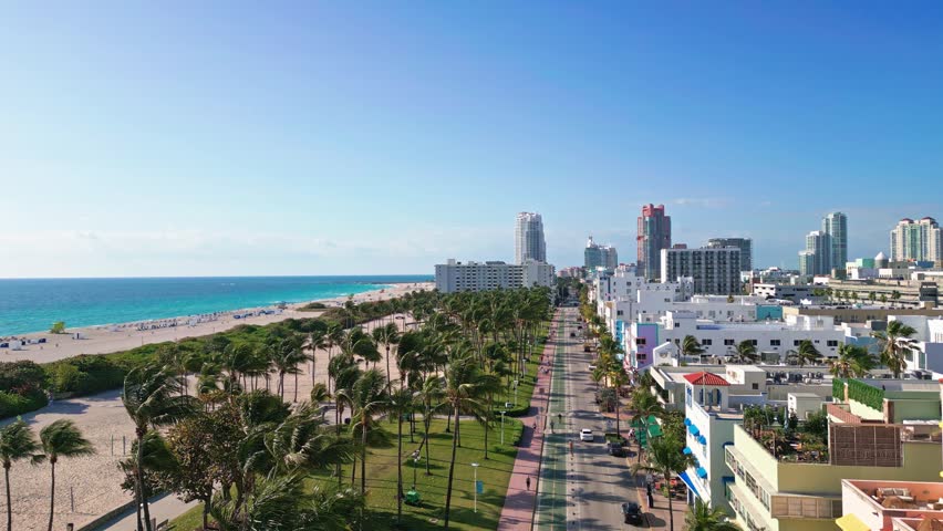 Miami city panorama with skyscrapers. Miami Beach skyline. Panoramic Miami coastline. Miami city.