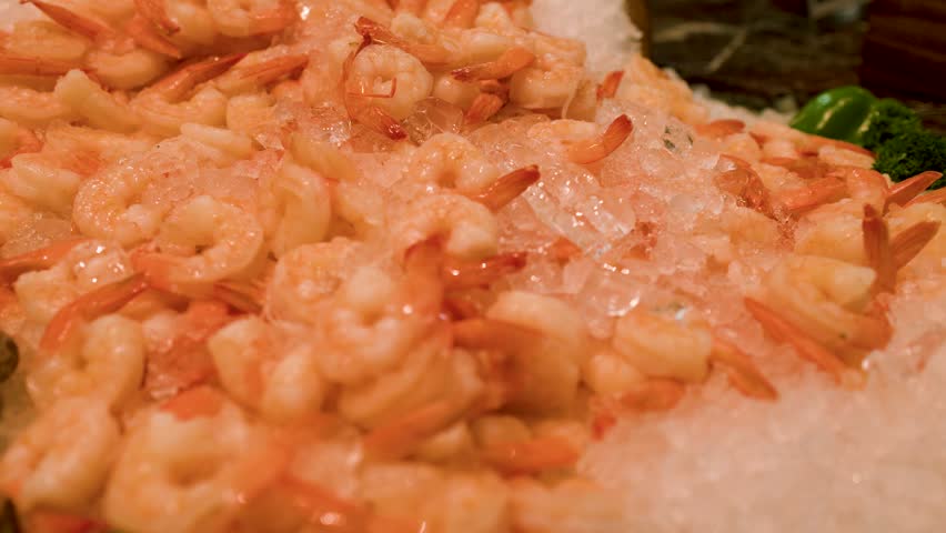 Camera zooms out slowly revealing chilled shrimp, mussels, and snails on an ice bed