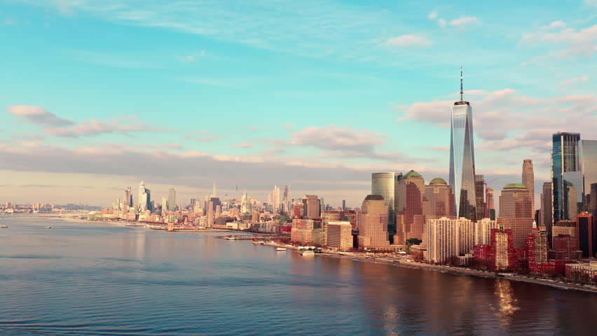 New York skyline cityscape horizon. New York skyline panoramic downtown. New York skyline over Hudson waterfront view. New York skyline with famous towers.