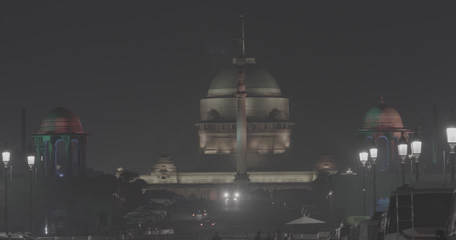 New Delhi, Delhi, India. Skyline with Rashtrapati Bhavan, Viceroys House, official residence Presidential Palace in Kartavya Path, Rajpath Area. Rashtrapati Bhavan in evening night illumination