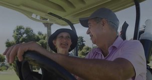 Senior couple riding golf cart and chatting, chat sparking HUD centering on steering wheel waveform. Outdoor, sunny, leisure, duo, palm, grass, vehicle - Powered by Shutterstock - Get 15% off with code: PIKWIZARD15