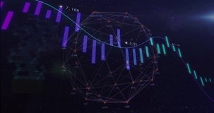 On new data 3D sphere rotating and trend line sweeping right, bars updating showing market trends. Geodesic, wireframe, orb, candlestick, visualization, neon, futuristic - Powered by Shutterstock - Get 15% off with code: PIKWIZARD15