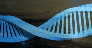 On start blue DNA helix undulating across dark sea, streaming code columns visualizing biotech data. Spiral, streams, holographic, neon, twilight, oceanic, gridlines - Powered by Shutterstock - Get 15% off with code: PIKWIZARD15