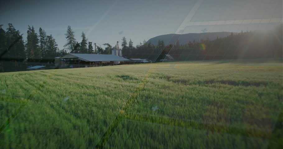 Camera gliding over crop field toward farm, initiating HUD parallax with rings and farming data. Rural, agriculture, barn, silo, landscape, countryside, overlay
