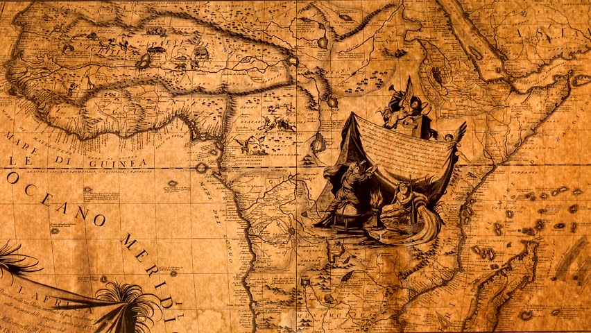 Close view of antique Africa map with decorative illustrations