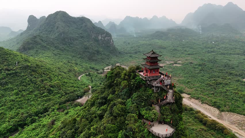 Aerial view of Tam Chuc Pagoda on a lush green hill in ninh binh province of vietnam