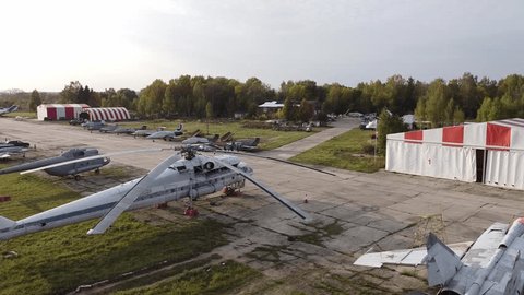 Drone Rotating View over Oreshkovo Airfield with Aircraft