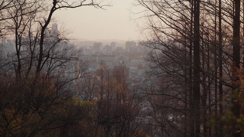 Panoramic skyline view of Seoul, South Korea, seen from Namsan Park near Seoul Tower, featuring dense urban buildings, distant mountains, and elevated cityscape perspective.