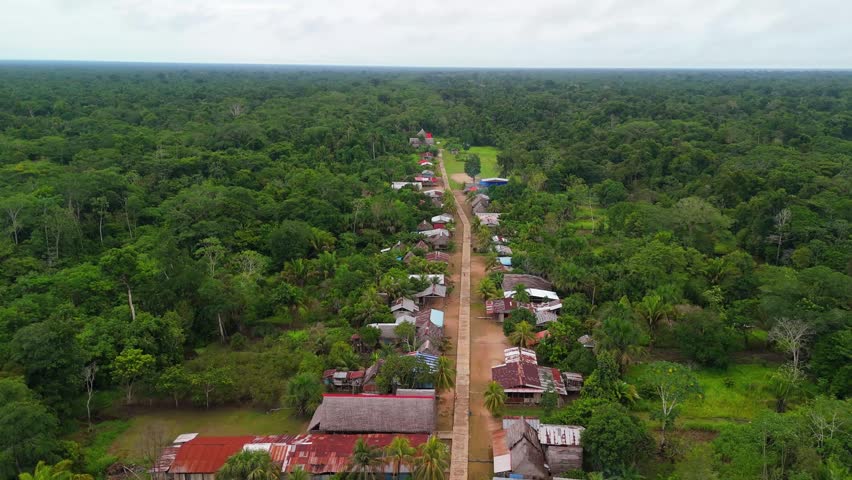 Aerial drone view of a village in the Amazon, not far from Iquitos, Peru. Traditional homes and everyday life surrounded by the rainforest.	
