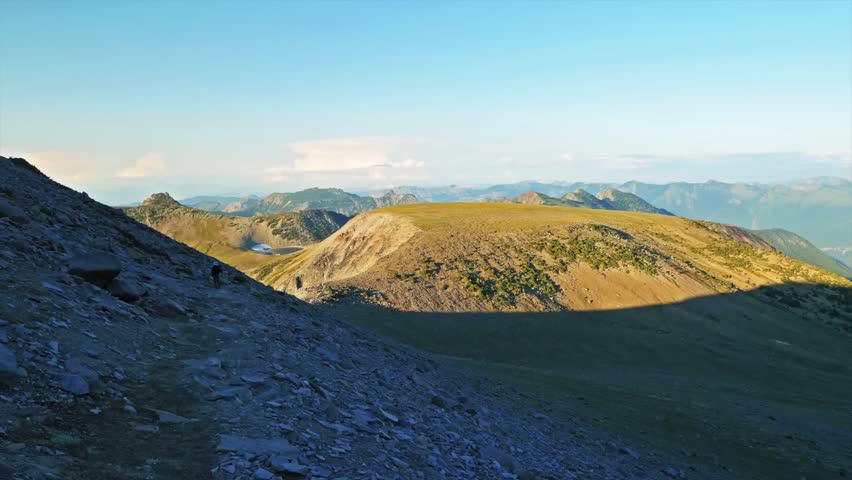 A beautiful, high-altitude view of the rugged, natural landscape along the popular Burroughs Mountain Trail in the Sunrise area of Mount Rainier National Park, Washington State.