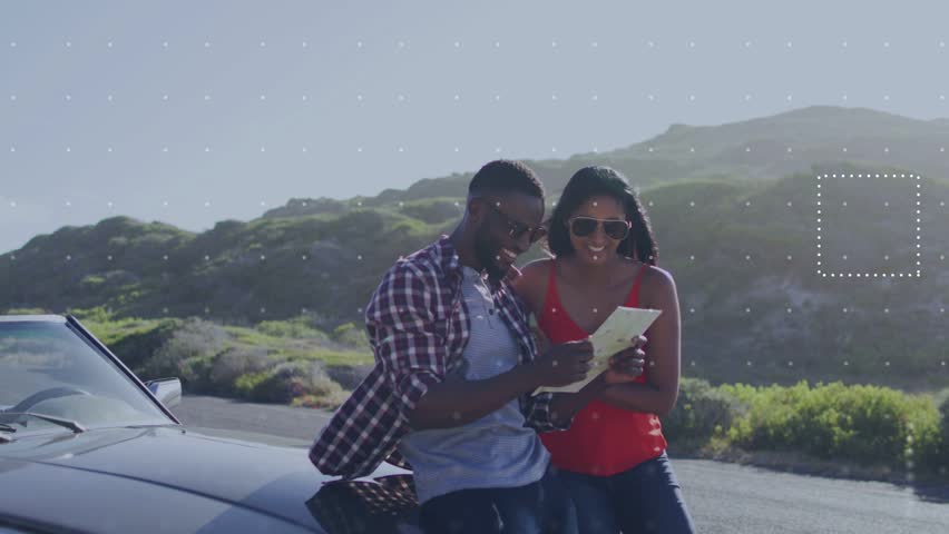 Man pointing at map and planning travel, woman stepping past convertible, overlays marking route. Couple, car, coastal, roadside, scenic, dunes, hills