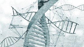 On play central DNA helix rotating, shifting down, narrowing while overlays showing molecular data. Molecule, wireframe, network, mesh, visualization, futuristic, sterile - Powered by Shutterstock - Get 15% off with code: PIKWIZARD15