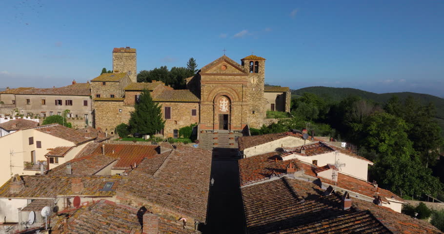 Church Of Santa Maria Assunta In The Village Of Panzano In Chianti, Tuscany, Italy. Aerial Shot