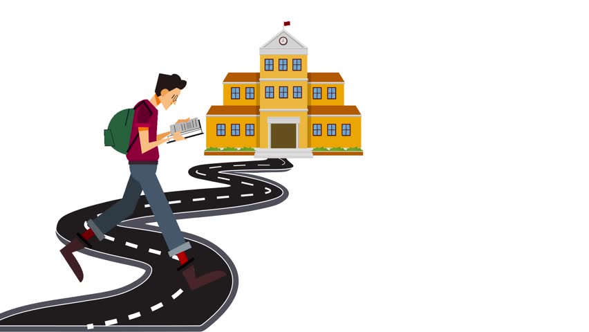 Animated Concept of a Student Walking on a Path Toward a School Building.