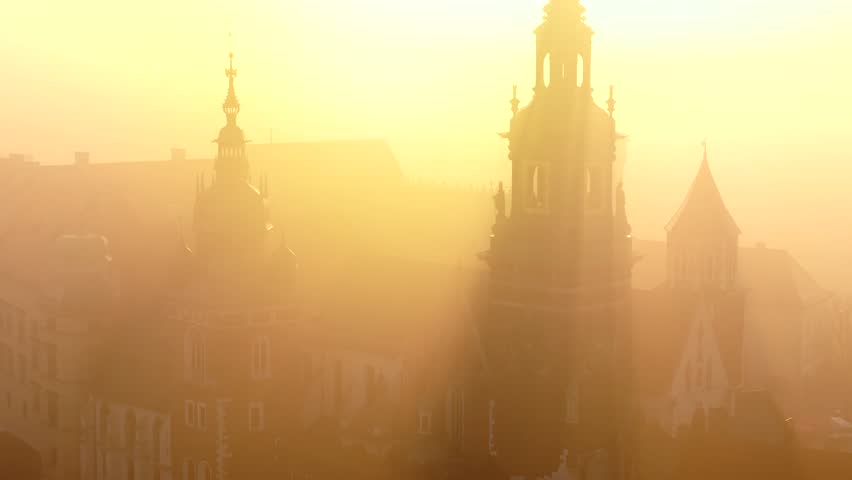 Aerial view of Wawel Castle during foggy sunrise, Krakow, Poland