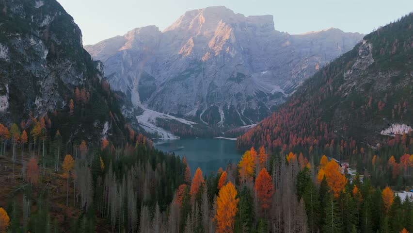 Aerial view on lake in the Italian alps, Lago di Braies in autumn. Italy