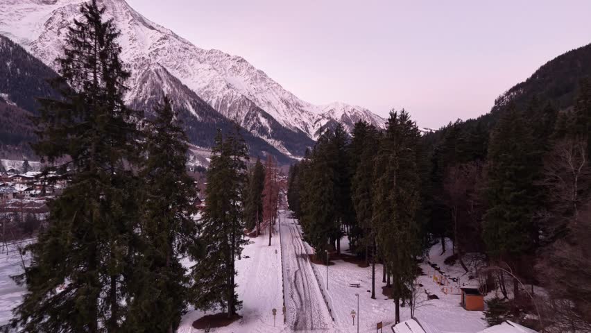 Chamonix France winter mountain town aerial view